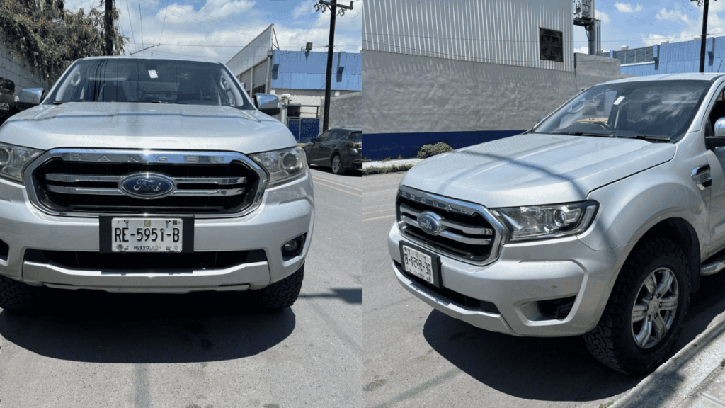 Two silver Ford Ranger pickup trucks parked side by side in a sunny parking lot, facing the camera (split image).