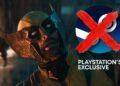 Armored masked hero in rain beside a blue PS5 logo with a red X and 'PLAYSTATION 5 EXCLUSIVE' text.