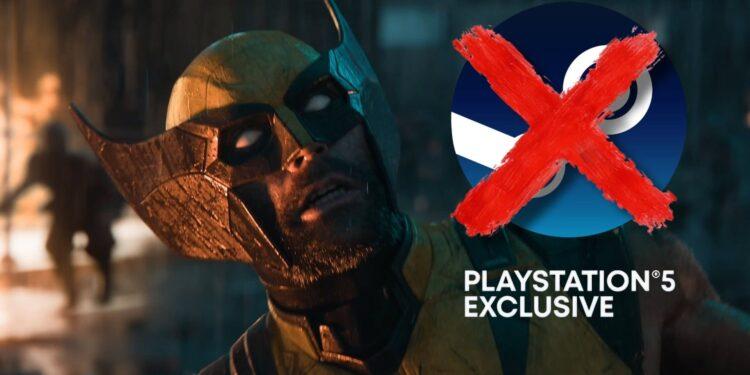 Armored masked hero in rain beside a blue PS5 logo with a red X and 'PLAYSTATION 5 EXCLUSIVE' text.