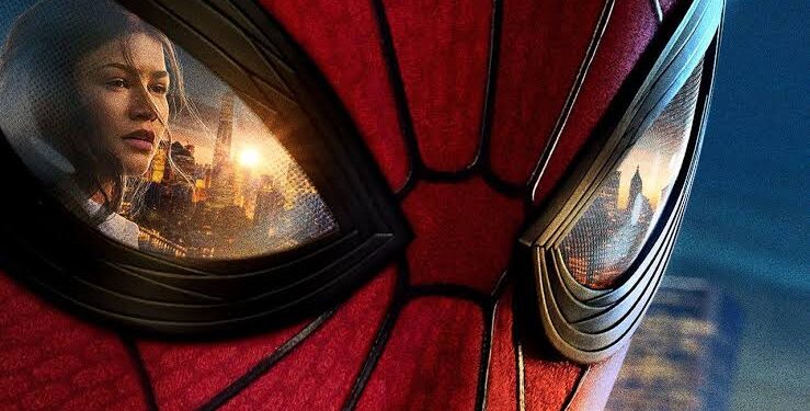 Close-up of Spider-Man mask with city skyline reflected in the left eye lens and a woman's face visible in the lens edge.