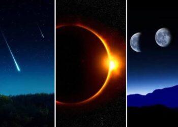 Triptych showing meteor shower, a solar eclipse, and moon phases over a dark landscape.
