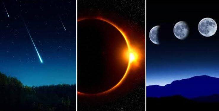 Triptych showing meteor shower, a solar eclipse, and moon phases over a dark landscape.